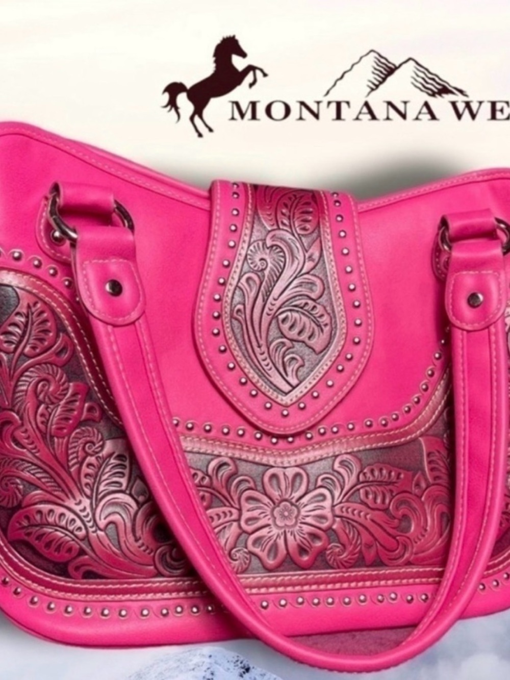 Montana West Pink Tooled Leather Concealed Carry Bag with Stud Detailing